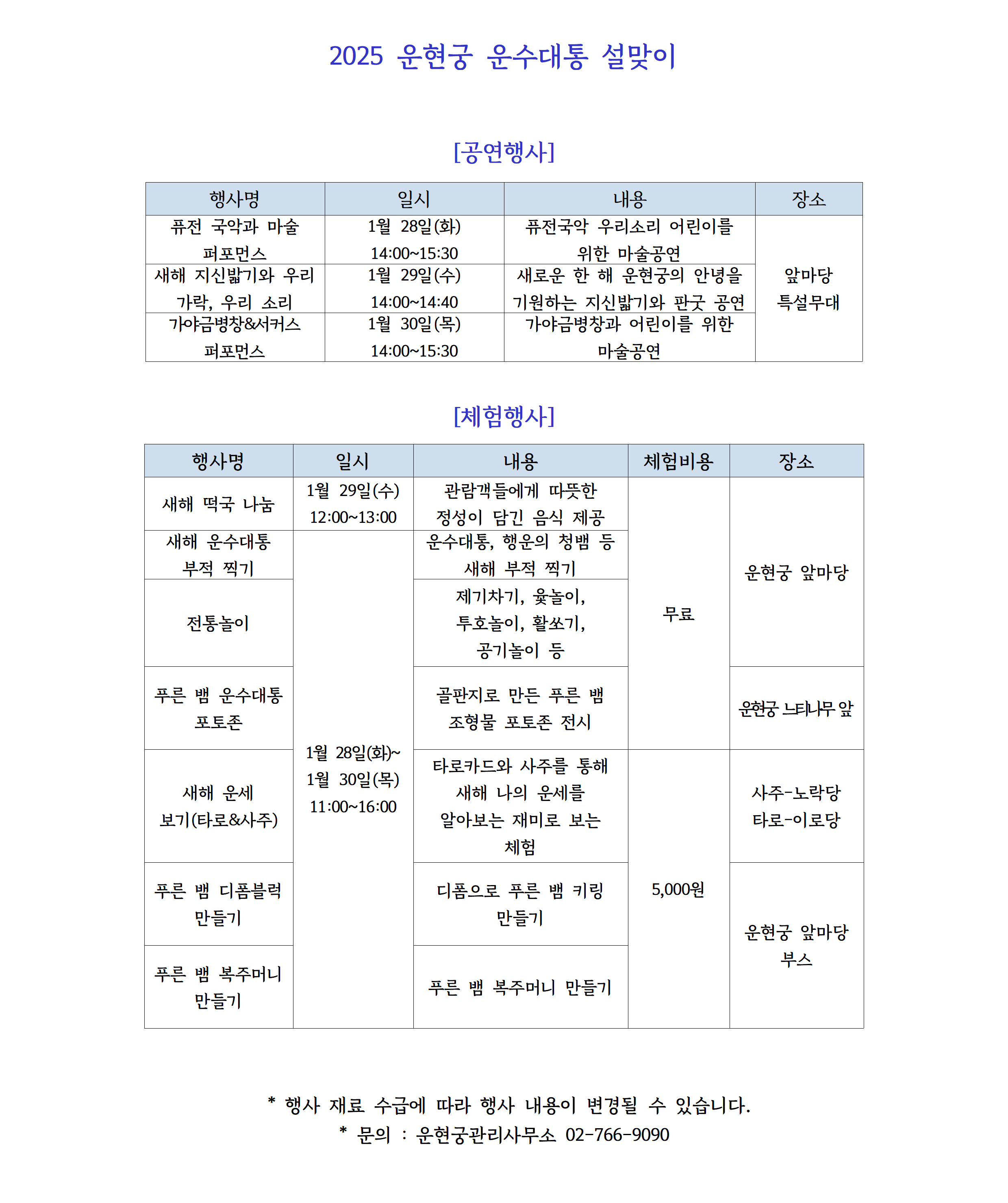 운현궁 운수대통 설맞이 행사 내용