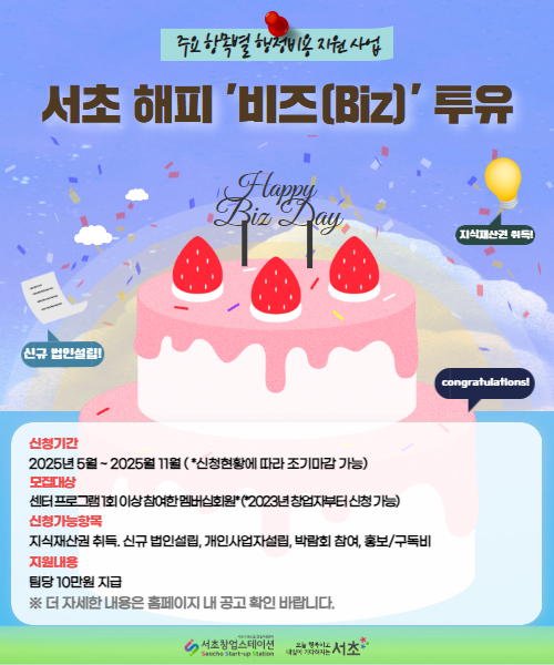 2025년 주요 항목별 행정 비용 지원사업 '해피비즈(Biz)투유' 지원자 모집