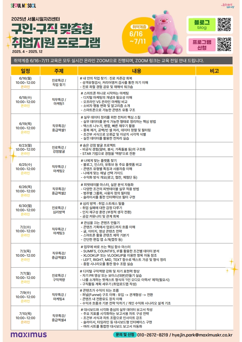 2025년 서울시일자리센터 <6·7월 구인·구직 맞춤형 취업지원 프로그램> 모집 안내