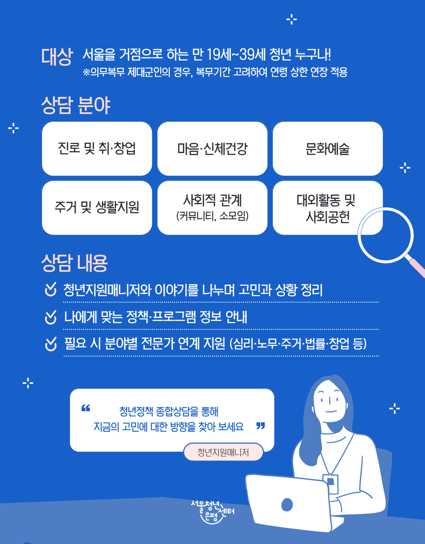 서울청년센터 은평 청년정책종합상담 신청 포스터 서울청년센터 은평 청년정책종합상담 신청 포스터입니다. 신청 자격 및 안내 방법등이 게시되어있습니다