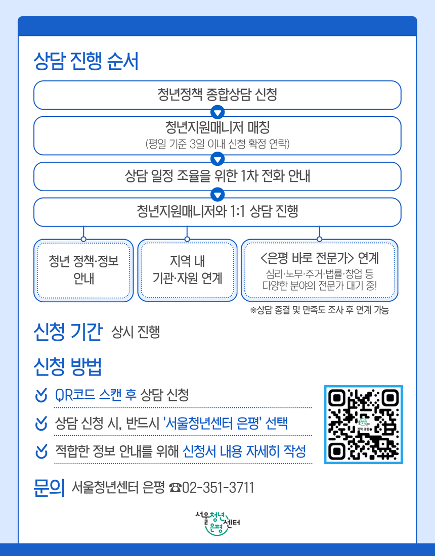 서울청년센터 은평 청년정책종합상담 신청 포스터 서울청년센터 은평 청년정책종합상담 신청 포스터입니다. 신청 자격 및 안내 방법등이 게시되어있습니다