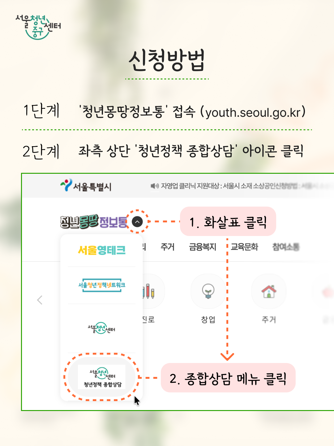 (웹 접근성)'서울청년센터 중구 청년정책종합상담 안내 포스터'